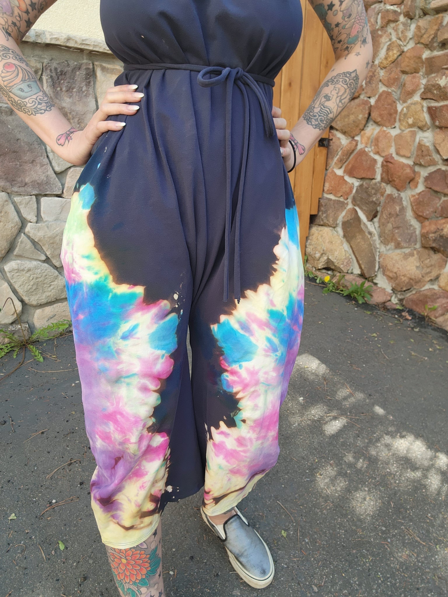 Rainbow Wide Leg Capri Romper - Navy